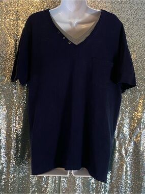 INC International Concepts XL Navy Slub Cotton V-Neck Pocket Tee-Layered Collar